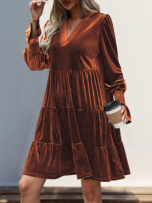 A-line Long Sleeves Pleated Color Velvet V-neck Mini Dresses