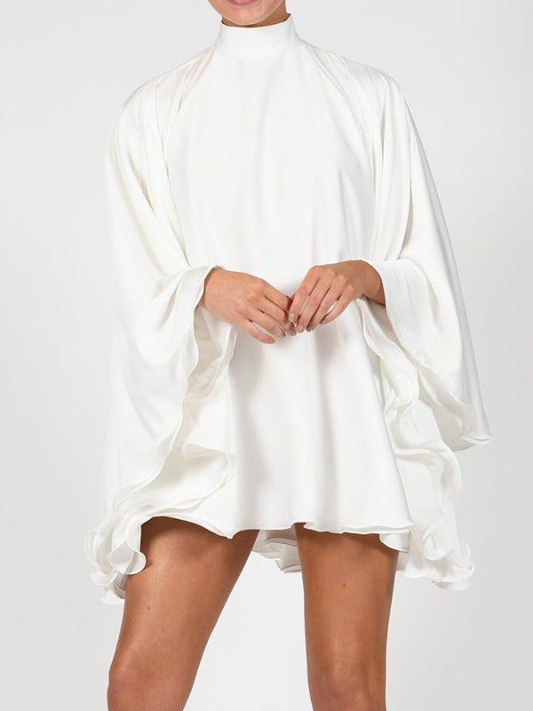 Color High-neck Backless Flared Sleeves Mini Dress