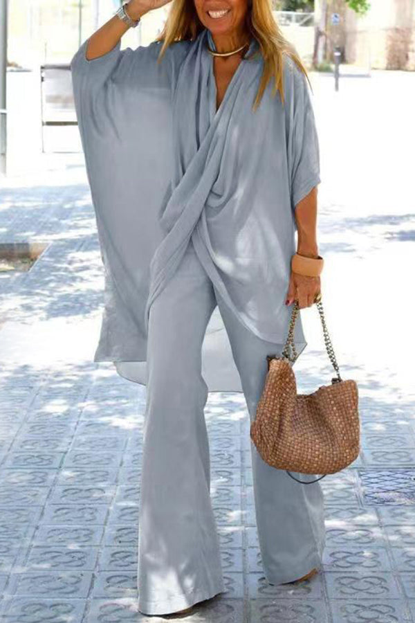 V Neck Trumpet Sleeve Top and Pants Two Piece Set