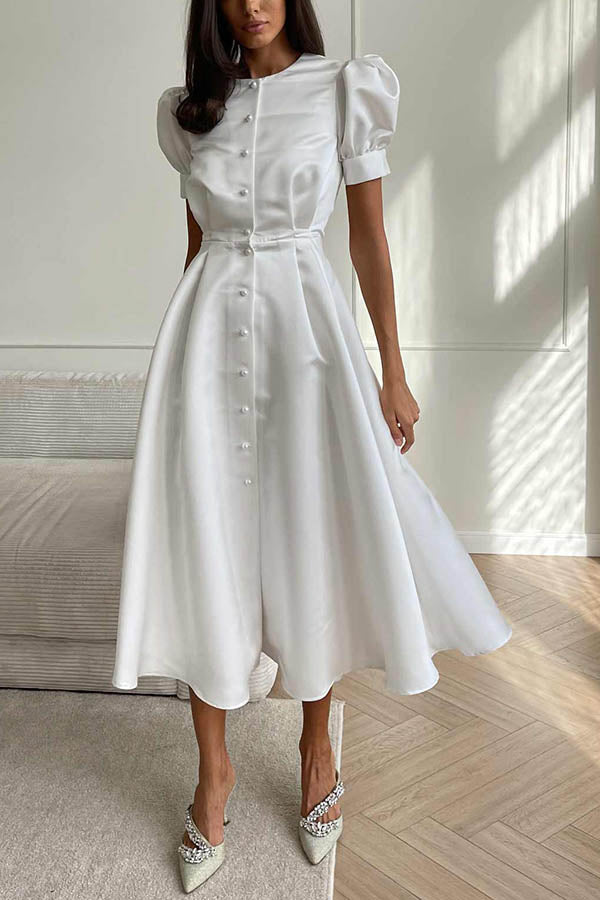 And Classy Vibe Puff Sleeve Pearl Button Slit Midi Dress