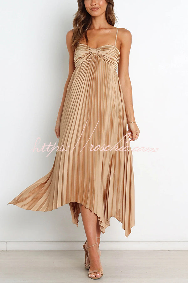 Color Suspender Pleated Irregular Midi Dress