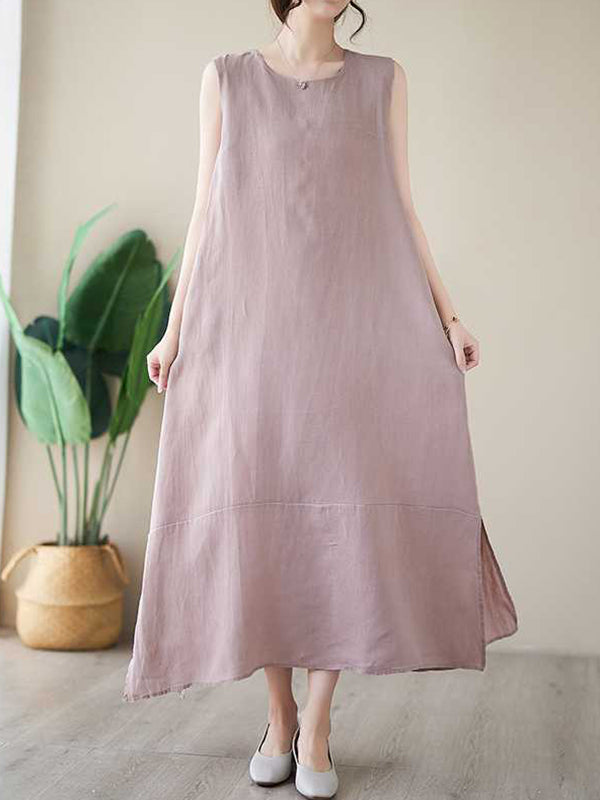 A-line Loose Color Round-neck Midi Dresses