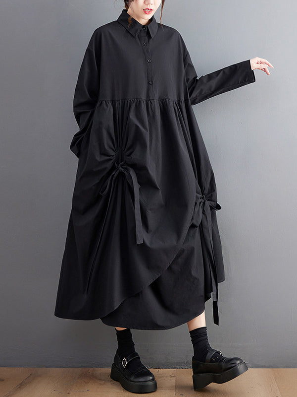 A-line Long Sleeves Buttoned Pleated Pockets Color Tied Lapel Midi Dresses Shirt Dress