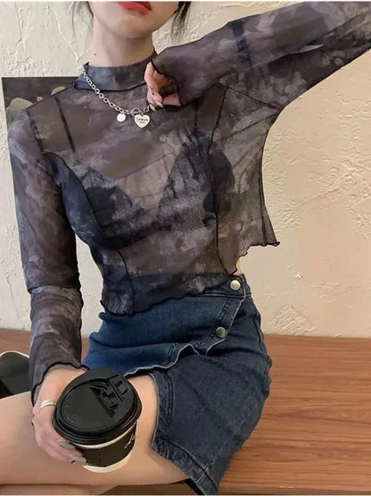 Long Sleeve T-shirts Tie-dye Printed Summer Sun-proof Cropped Tops High Street Gauze Korean Style Teens Retro