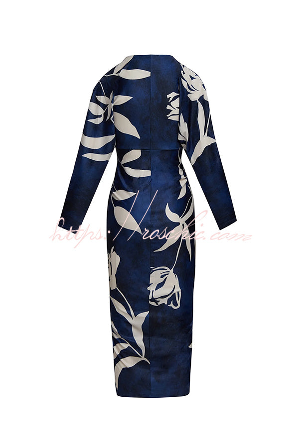 Caliana Unique Print Dolman Long Sleeve Ruched Slit Midi Dress
