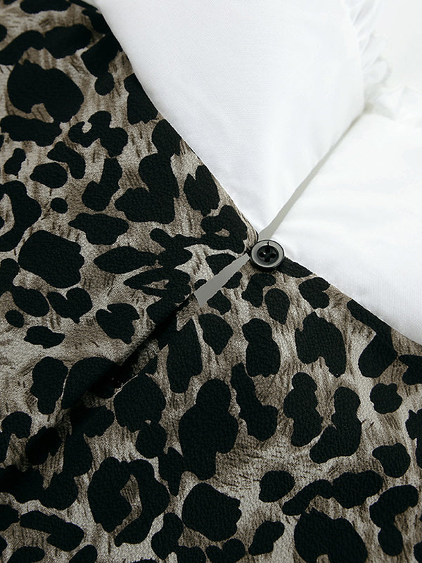 Puff Sleeves Contrast Color Falbala Leopard Split-joint Mini Dresses