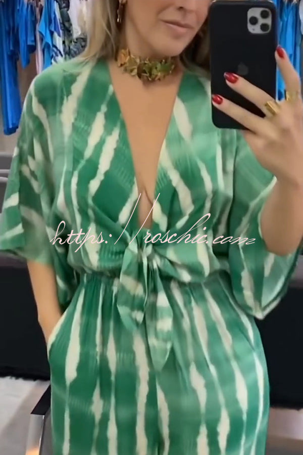 Striped Print V-neck Lace-up Wide-leg Jumpsuit