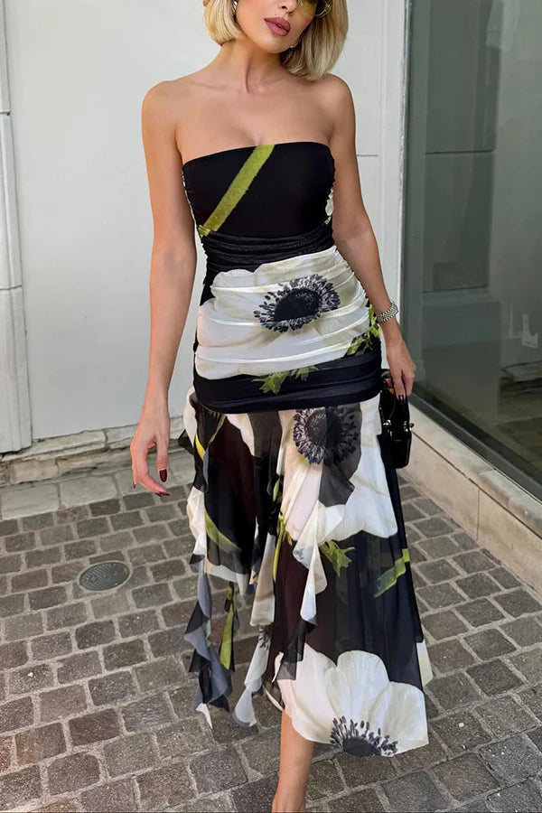 Raquel Mesh Overlay Print Off Shoulder Ruched Ruffles Stretch Midi Dress