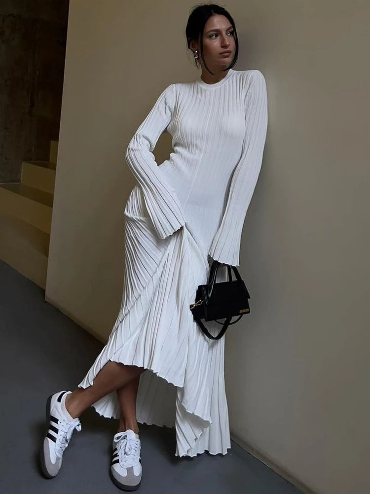 Lace-up Female Knit Maxi Dress – Autumn High Waist Patchwork Long Sleeve Bandage Knitwear Dress