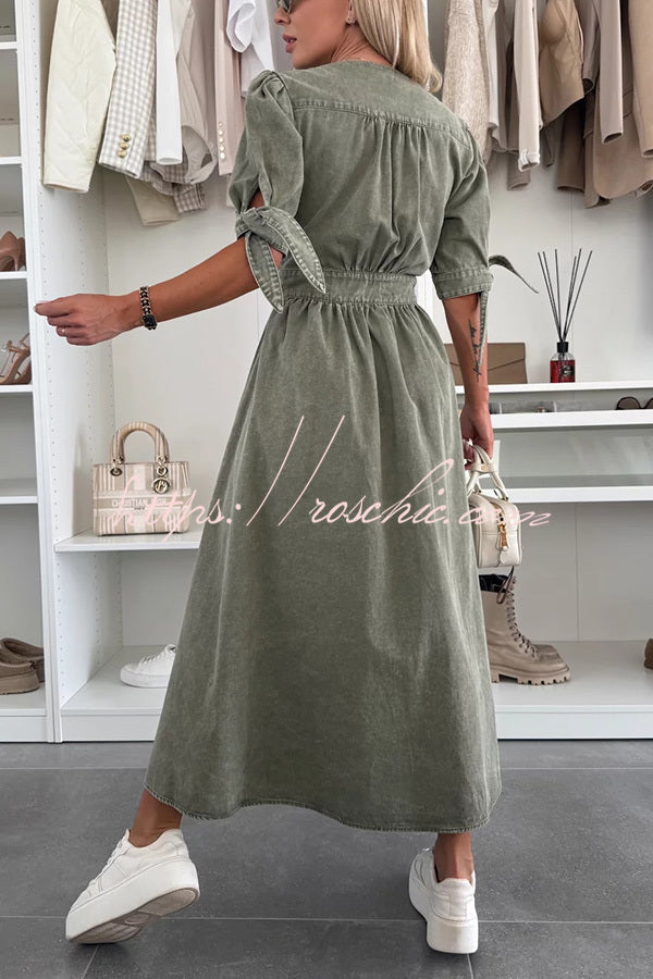 Color V-neck Button-down Denim Midi Dress