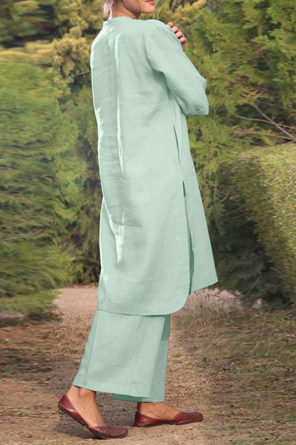 Cotton and Linen V-neck 3/4 Sleeve Wide Brimmed Pants 2-piece Set