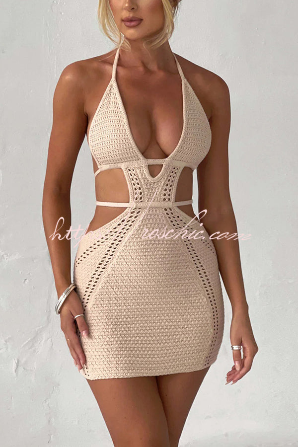 Effortlessly Cool and Knit Crochet Cutout Halter Tie-up Stretch Mini Dress