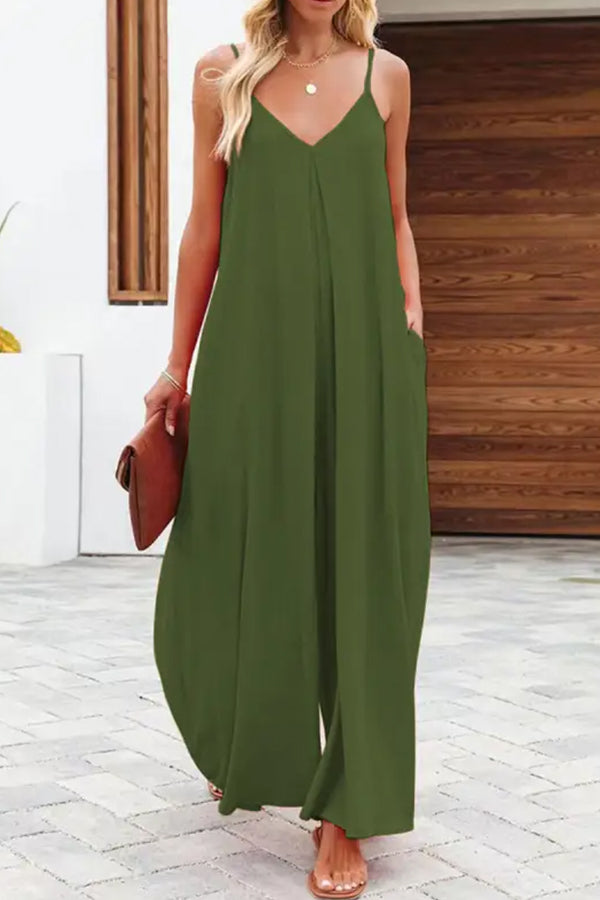 Color Side Pocket Wide-leg Suspender Jumpsuit