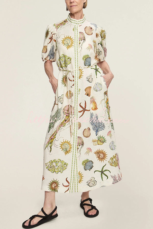 Beach Shell Print Puff Sleeve Tie-waist Midi Dress