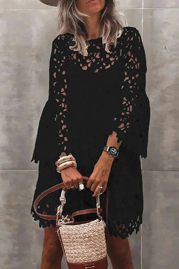 Presence Crochet Lace Bell Sleeve Mini Dress