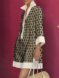 Long Sleeves Loose Printed Split-joint Lapel Mini Dresses Shirt Dress
