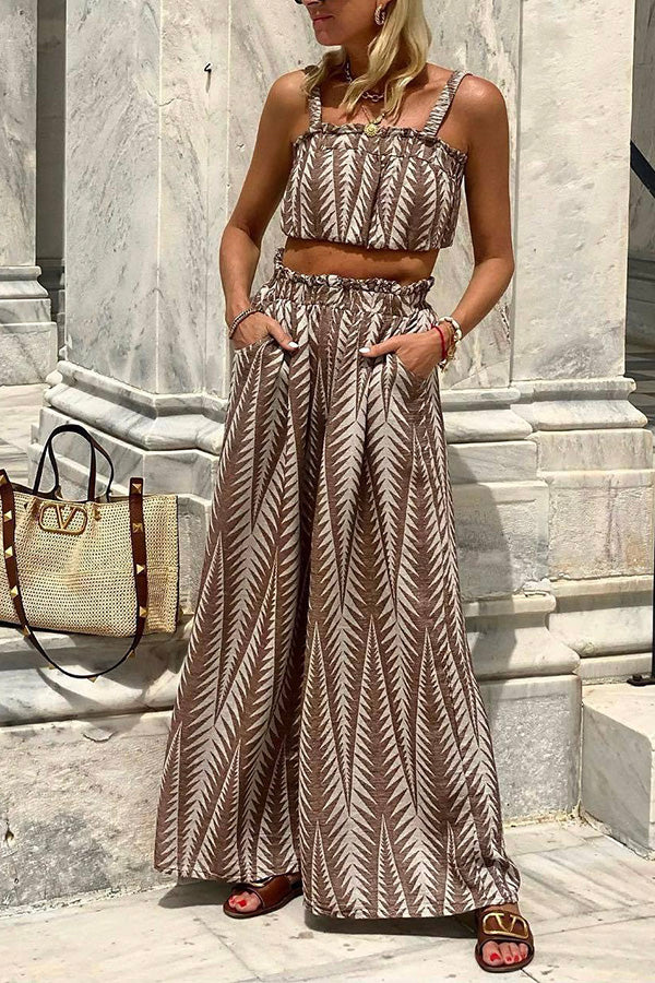 Tropical Island Green Plant Print Brown Camisole Top Wide-leg Pants Suit