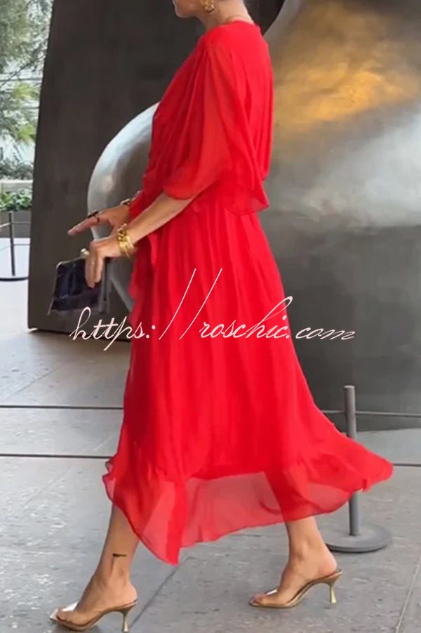 Color V-neck Bat Sleeve Lace-up Irregular Hem Midi Dress