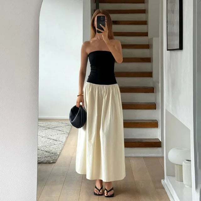 Clash Color Strapless Maxi Dress for Summer Off Shoulder Patchwork Backless Sleeveless Beach Dress Female