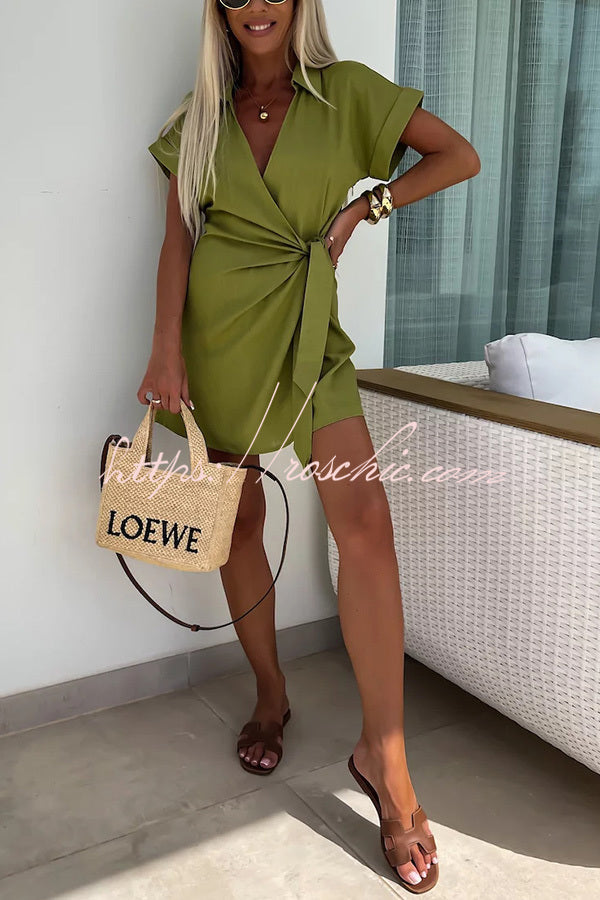 Relaxing Beach Linen Blend Color Wrap Loose Shirt Romper