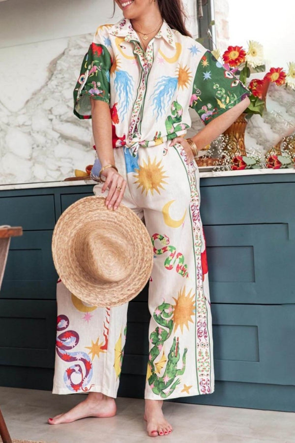 Beauty Unique Print Short Sleeve Loose Shirt and Elastic Waist Pants Set