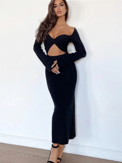 Knitwear Ribbed Hollow Out Long Dress – ’s Twist Long Sleeve Patchwork Maxi Dress