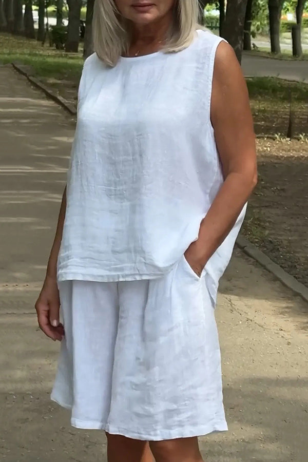 Linen Blend Sleeveless Crewneck Top and Loose Pocket Shorts Set