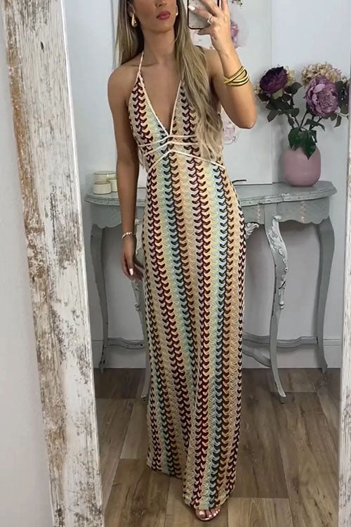 Halter V Neck Backless Color Block Crochet Maxi Dress