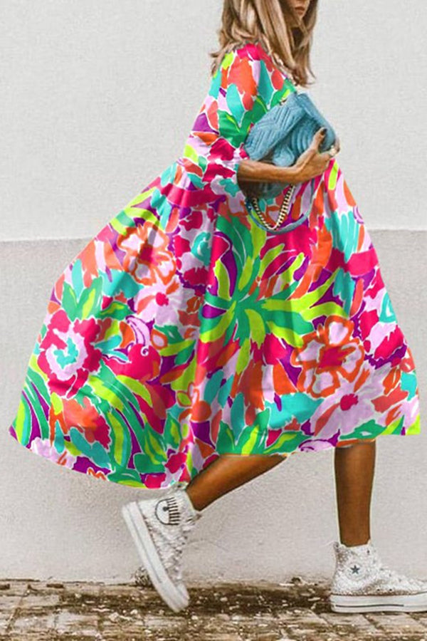 Print High Low Hem A-line Midi Dress