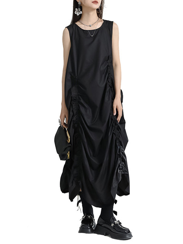 Loose Sleeveless Asymmetric Elasticity Pleated Color Round-neck Midi Dresses