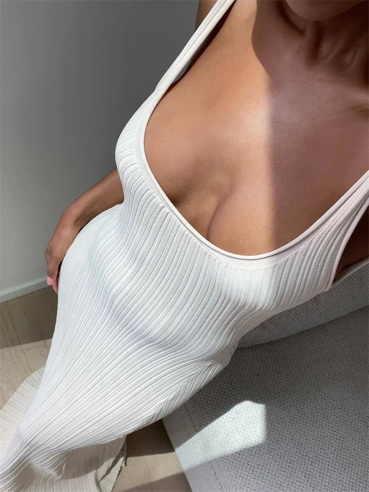 Knit Ribbed Slim Maxi Dress Female Backless Scoop Neck Party Looks Long Dress Patchwork Knitwear Dress