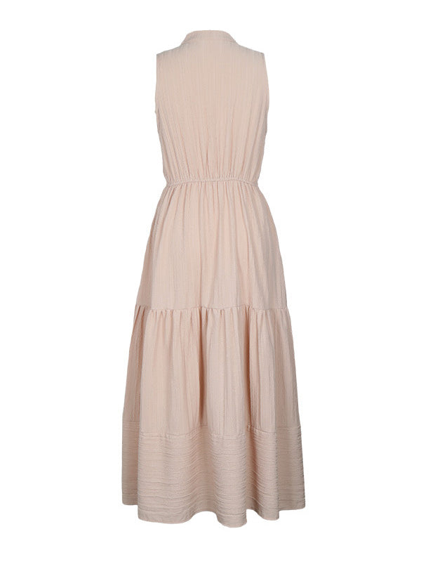 A-line High Waisted Buttoned Elasticity Pleated Split-joint V-neck Midi Dresses