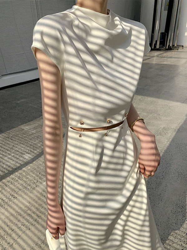A-line High Waisted Detachable Hollow Split-joint Mock Neck Midi Dresses