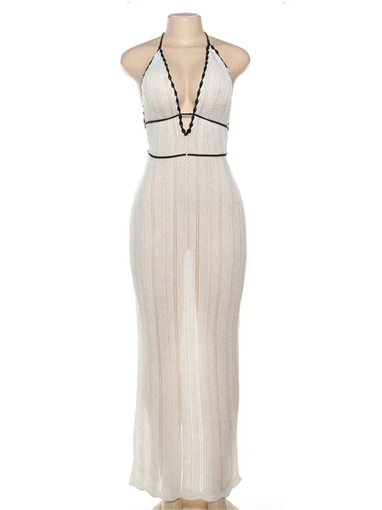 Knit V-neck Backless Maxi Dress ’s Slim Lace-up Contrast Patchwork Bandage Knitwear Dress Female Long Dress