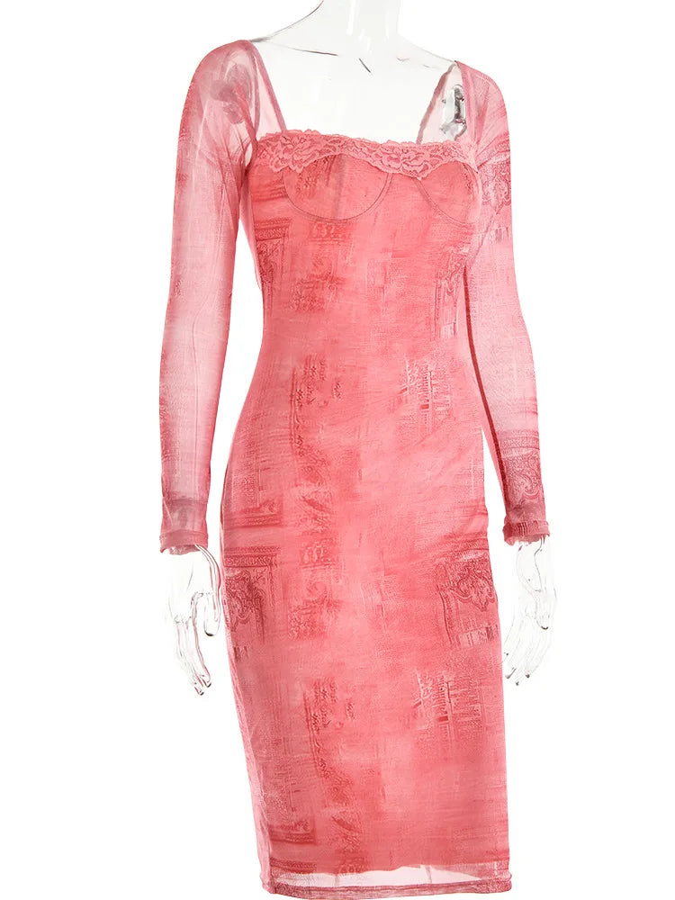-long Sleeve Printed Dress for , Bodycon Lace Midi Dress, Party Evening Dress, Square Neck, Autumn,
