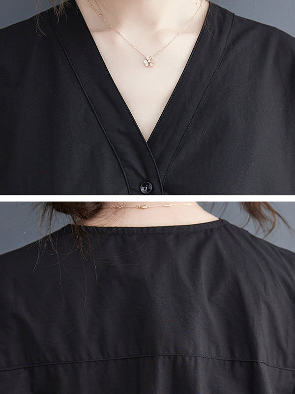 Loose Short Sleeves Color V-neck Midi Dresses