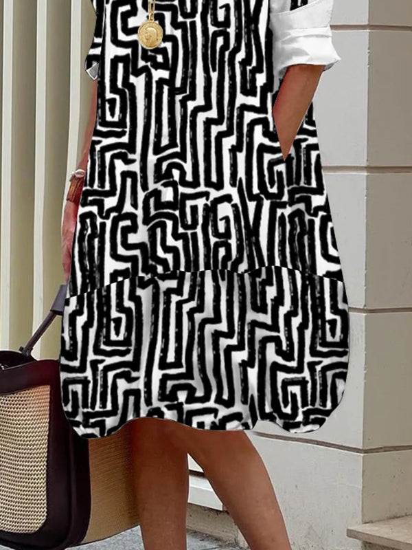 Long Sleeves Loose Printed Split-joint Lapel Midi Dresses Shirt Dress