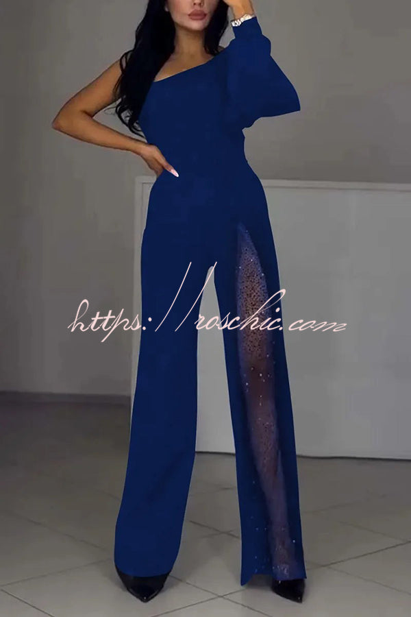 Fashionable Oblique Shoulder One-sleeve High Slit Slim Jumpsuit