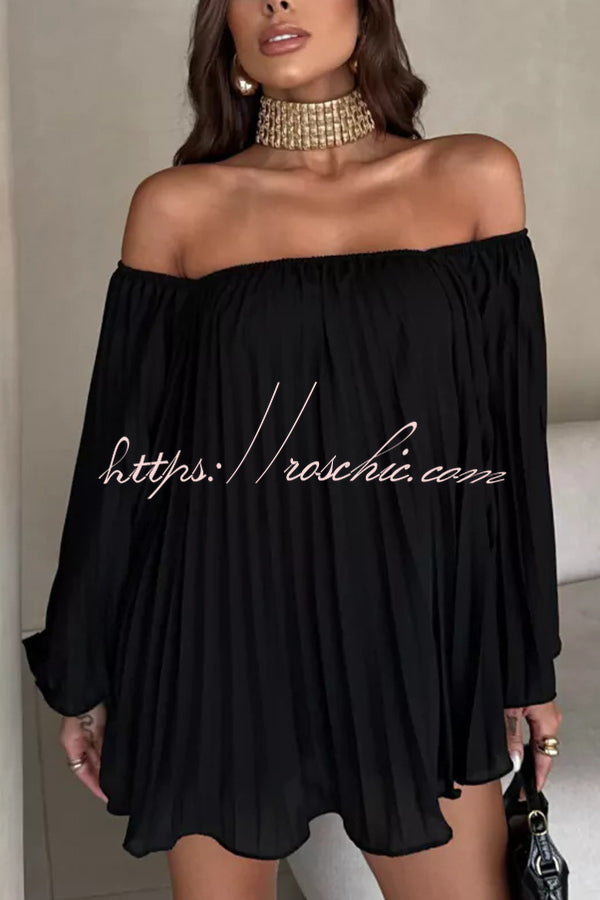 Off-the-shoulder Pleated Loose Top and Elastic Waist Shorts Set