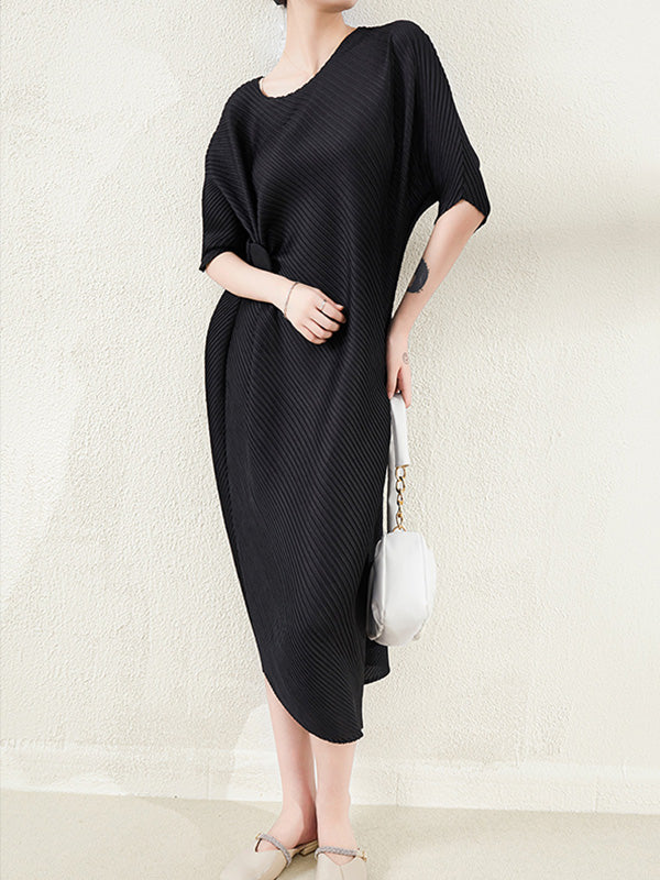Stylish Irregularity Loose Pleated Color Round-neck Midi Dresses