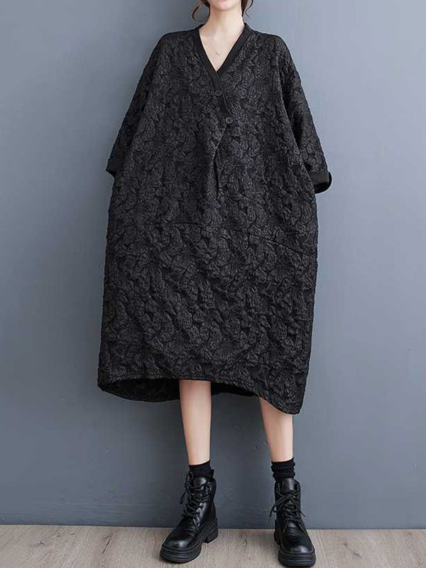A-line Half Sleeves Asymmetric Buttoned Jacquard V-neck Midi Dresses