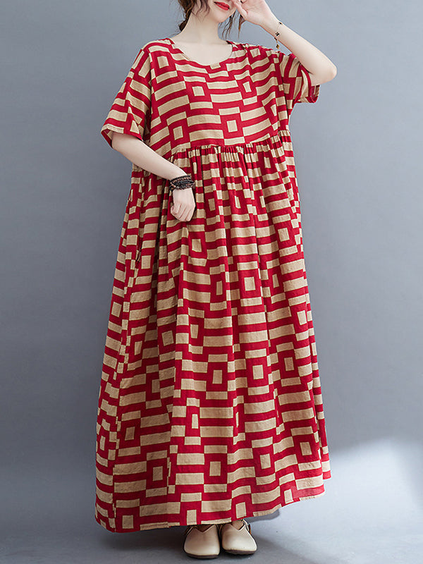 Loose Short Sleeves Plaid Round-neck Midi Dresses