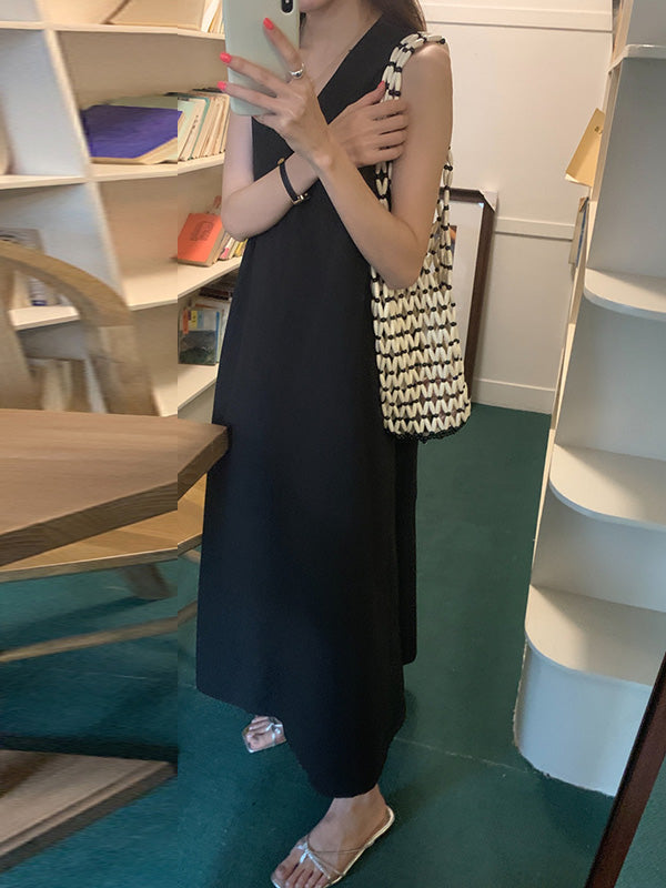 Loose Sleeveless Color V-neck Midi Dresses