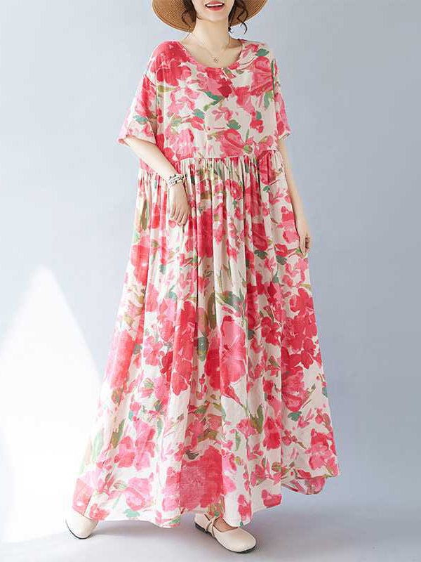 A-line Batwing Sleeves Flower Print Pleated Split-joint Round-neck Midi Dresses