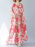 A-line Batwing Sleeves Flower Print Pleated Split-joint Round-neck Midi Dresses