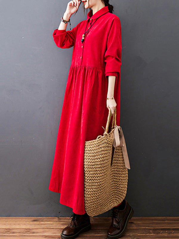 Split-joint Color Long Sleeves Lapel A-line Corduroy Midi Dress