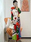 Original Loose Long Sleeves Cartoon Face Printed Contrast Color Pleated Round-neck Midi Dresses
