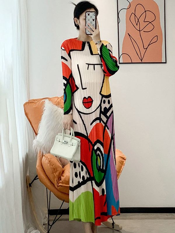Original Loose Long Sleeves Cartoon Face Printed Contrast Color Pleated Round-neck Midi Dresses