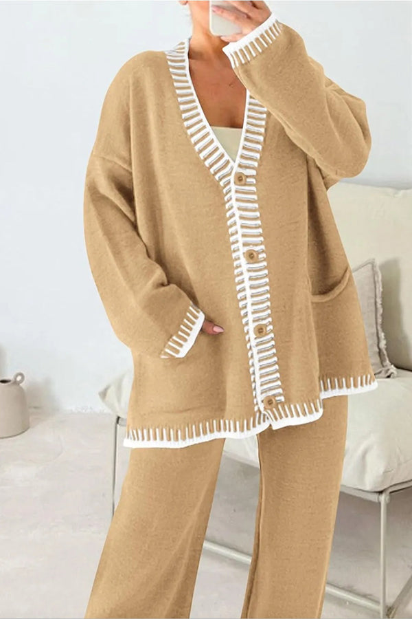 Knitted Long Sleeve Pocket Cardigan and Elastic Waist Loose Wide Leg Pants Set