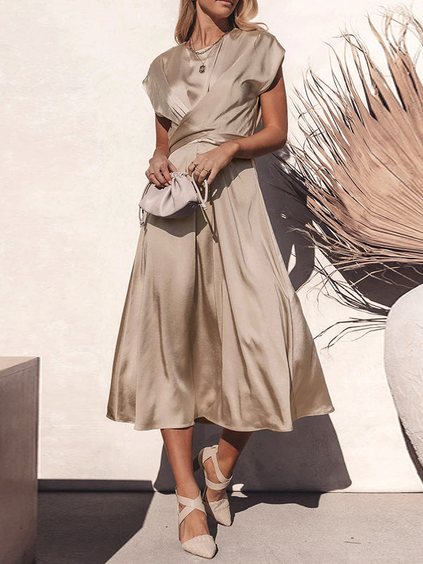 Loose Short Sleeves Color Split-joint Tied Waist Round-neck Midi Dresses